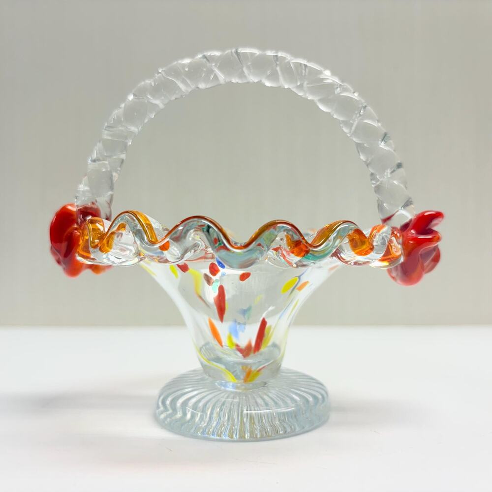Vintage Art Glass Basket Confetti Ruffled Rim Hand Blown Slag Glass Like Roses